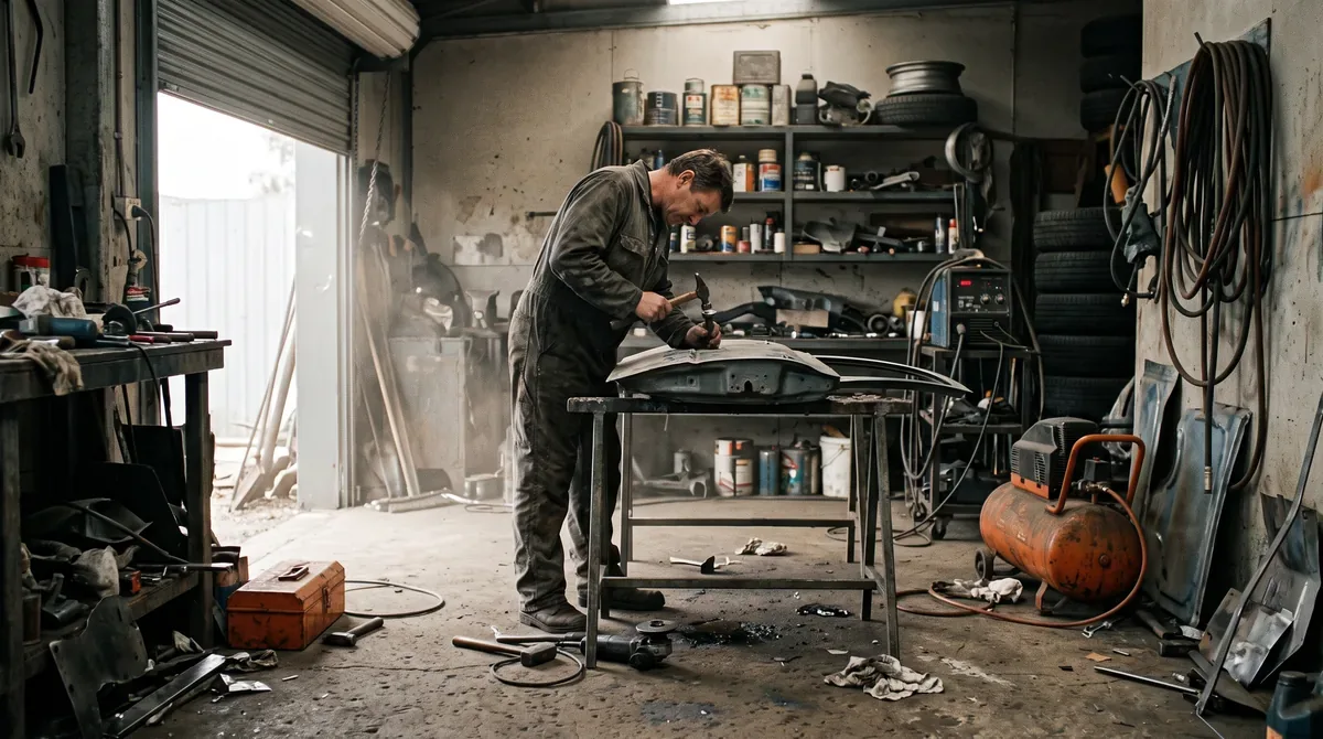 A panel beater working on a car door in a small workshop with the roller door open