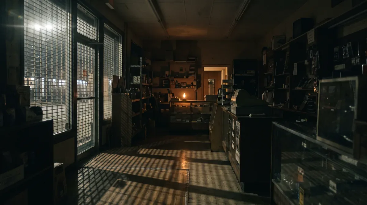 A dark shop interior after closing, one small lamp still on at the back