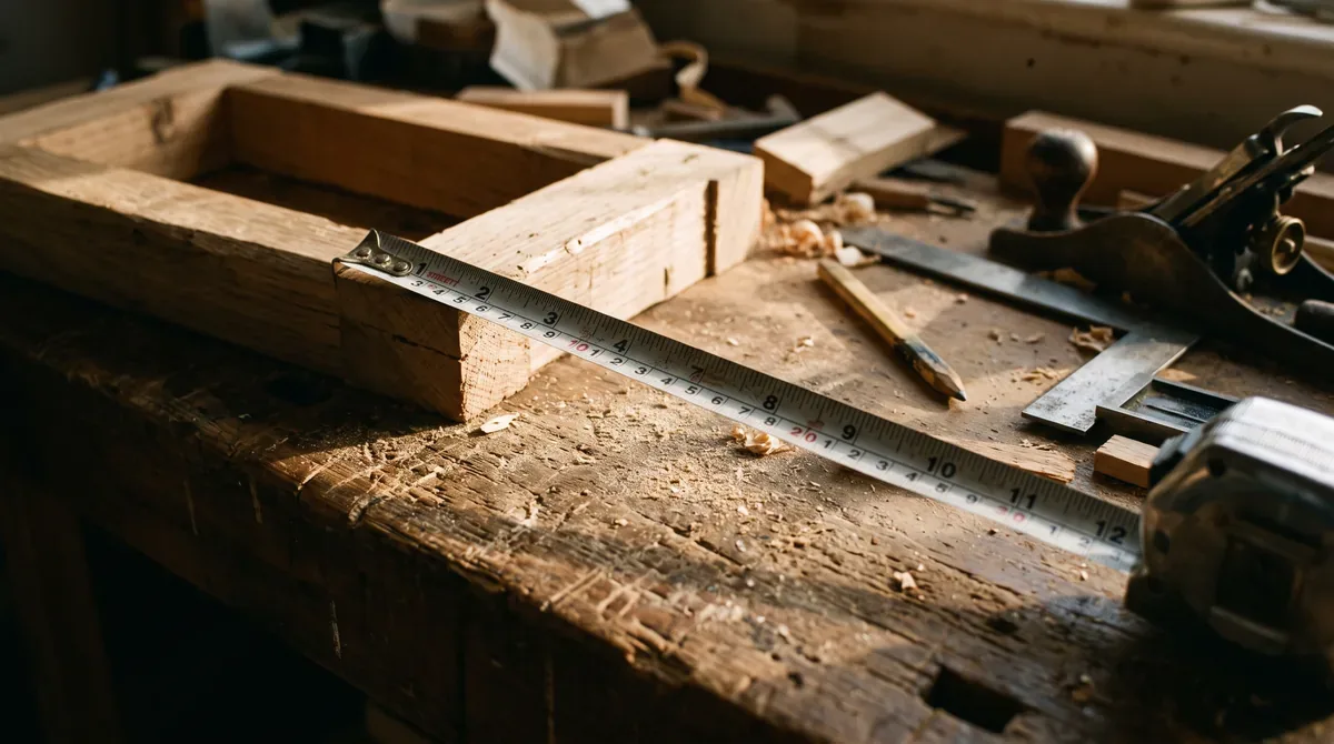 A tape measure extended across a workbench next to a half-finished job