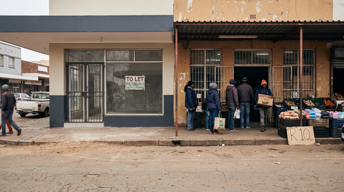 An empty shop with a To Let sign beside a busy shop with customers and produce crates on the pavement