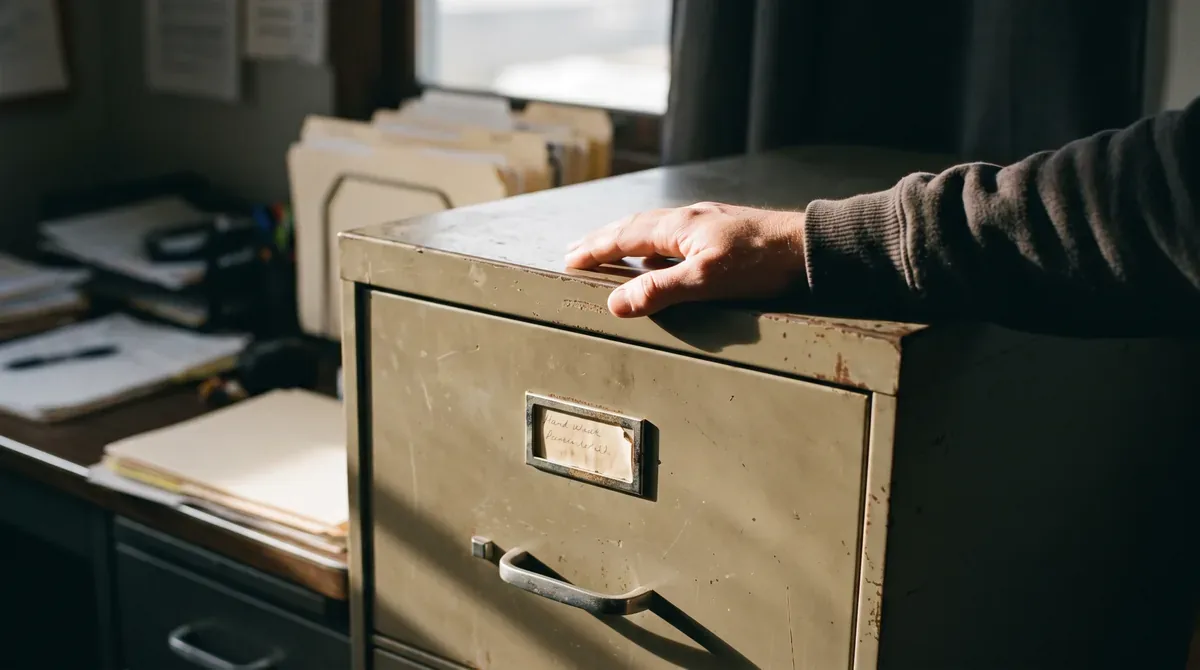 A hand resting on a closed filing cabinet drawer in a small office