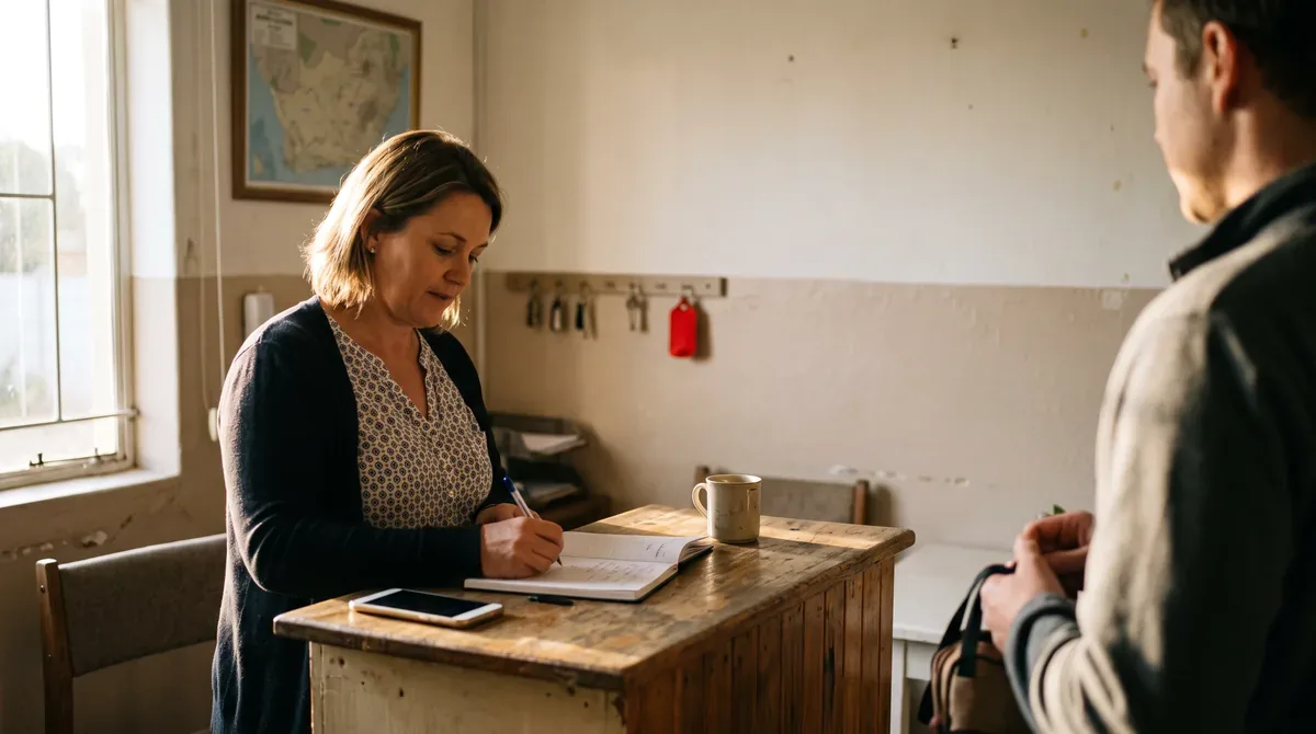 Guesthouse owner writing a booking into a paper diary while a guest waits at the counter