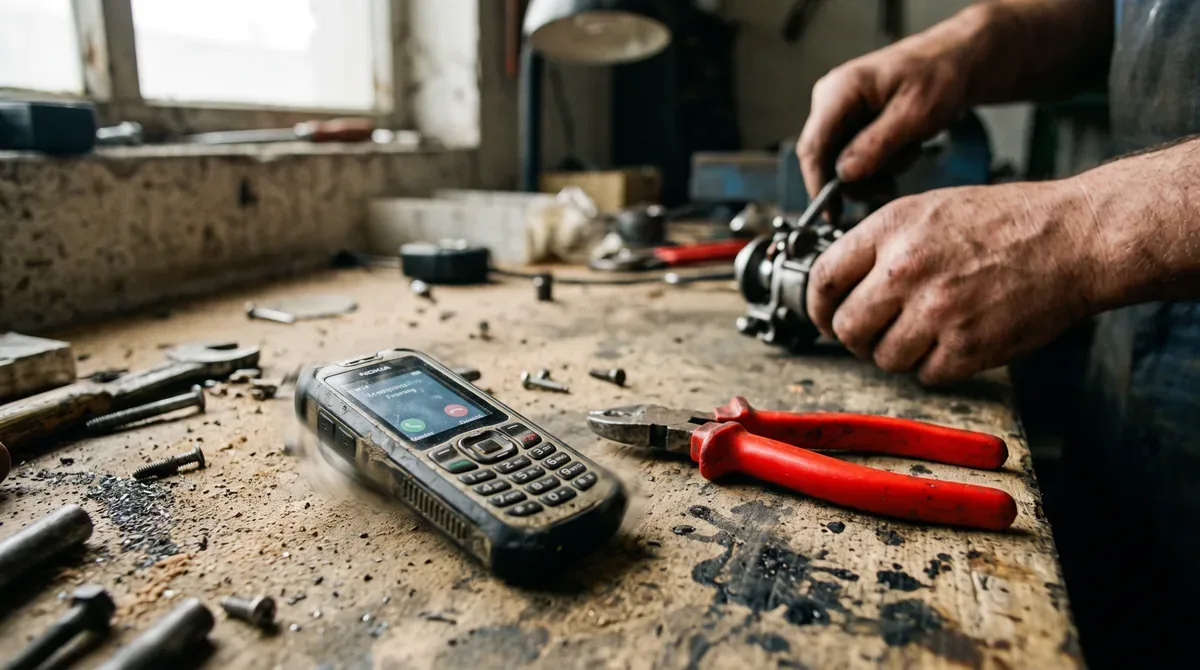A phone ringing on a workbench while a pair of hands keeps working on something else