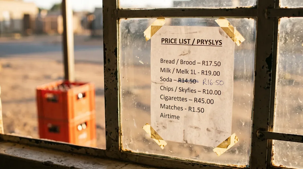 A typed price list in rand taped inside a shop window, one price corrected by hand
