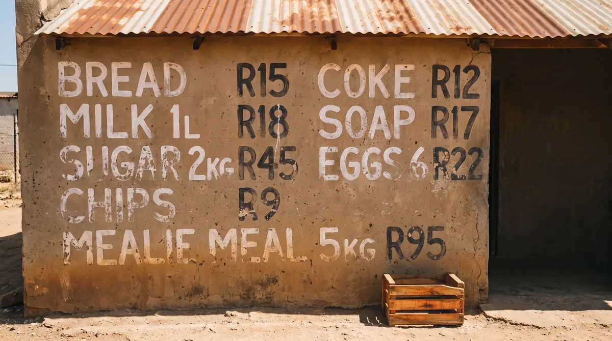A hand-painted list of grocery prices in rand on a spaza shop wall beneath a corrugated roof
