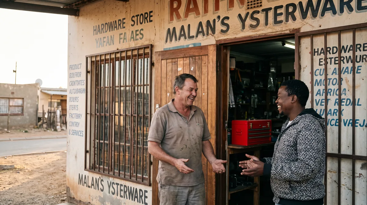 A hardware shop owner and customer chatting at the entrance, with barred windows and a red toolbox inside