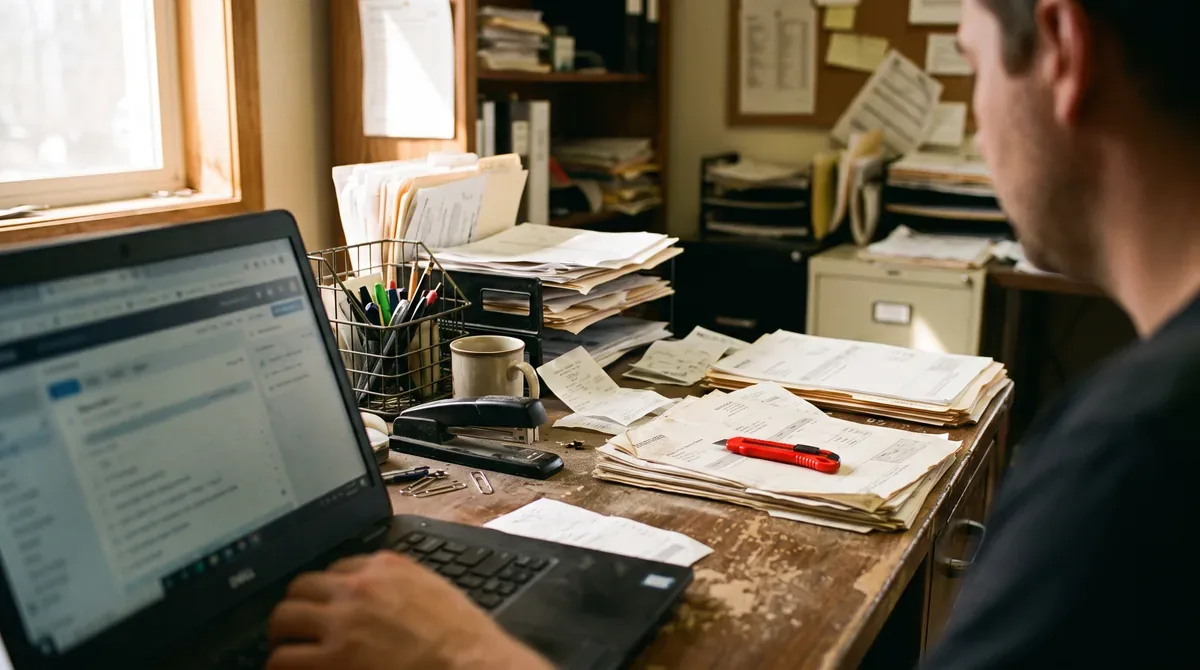 A cluttered back office desk, invoices stacked beside an open laptop