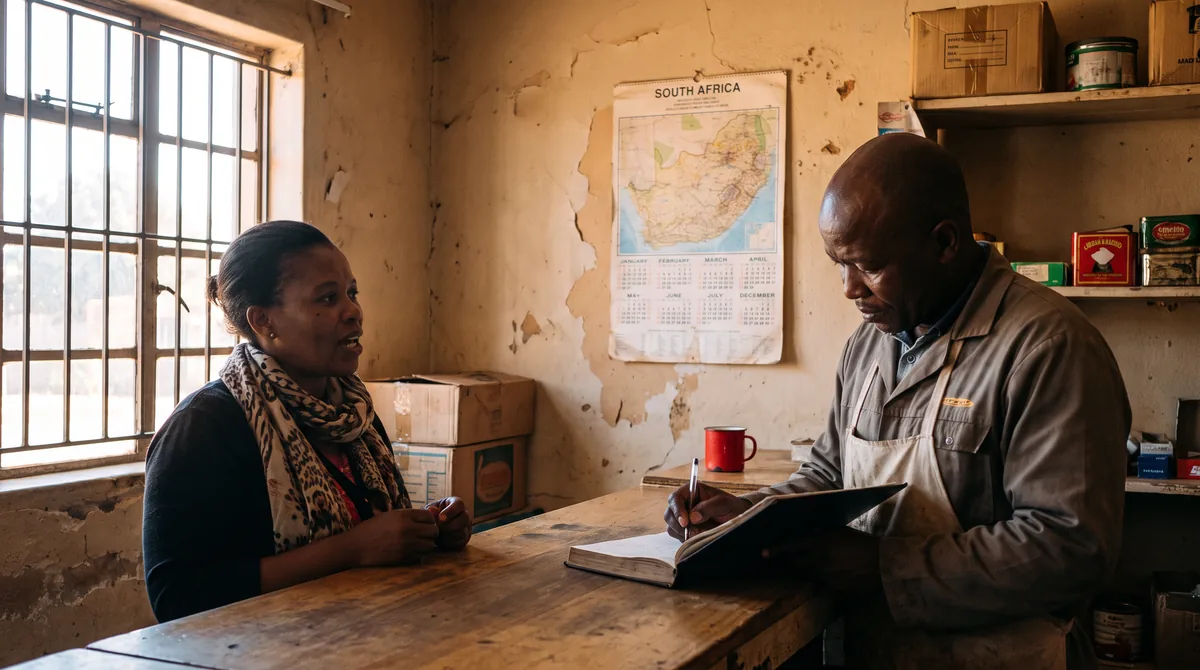 A customer talking across a wooden counter while the shop owner writes in a notebook, with a South Africa map calendar behind them