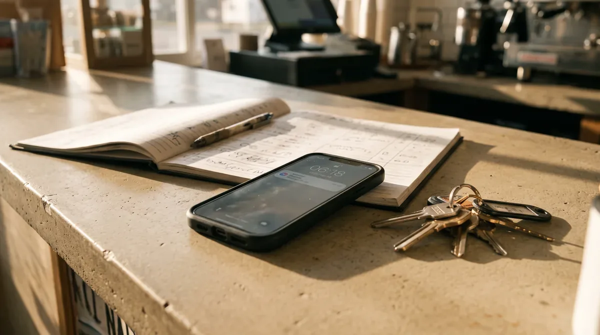 A phone on a café counter showing a notification beside an open order book and keys