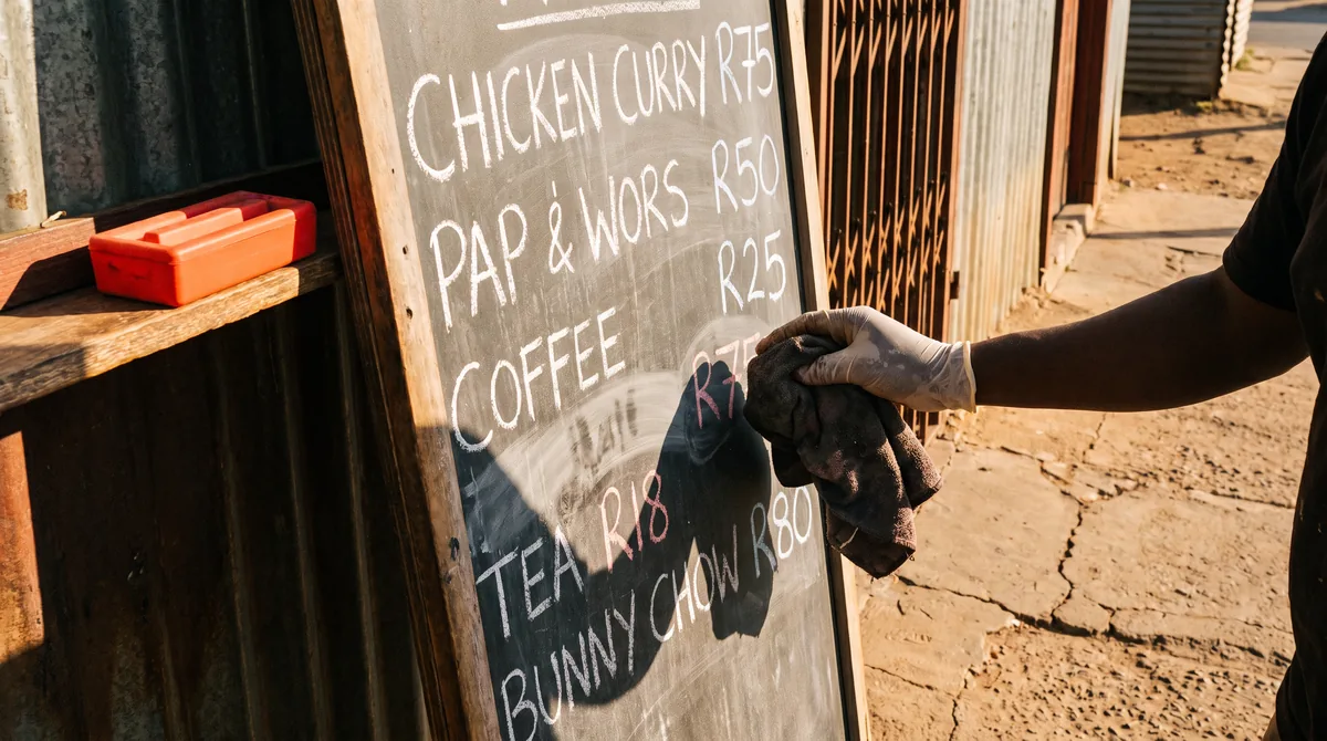 A hand wiping a café chalkboard menu with prices in rand, beside an orange container and a security gate