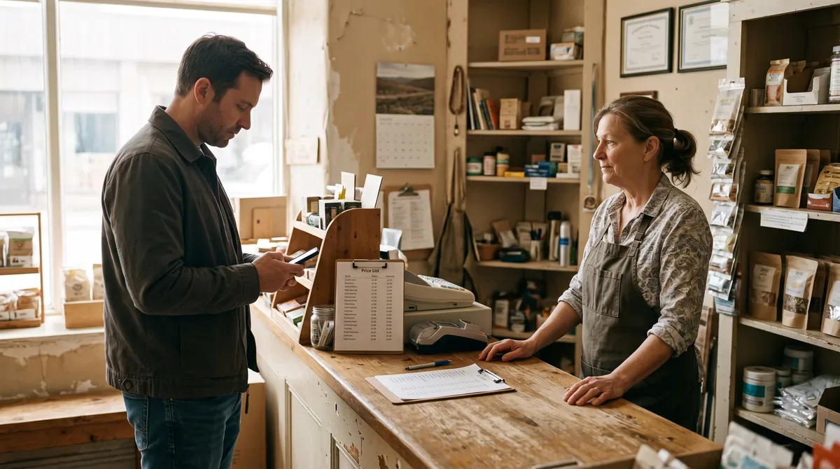 A customer checking his phone at a shop counter while the owner waits, a price list between them