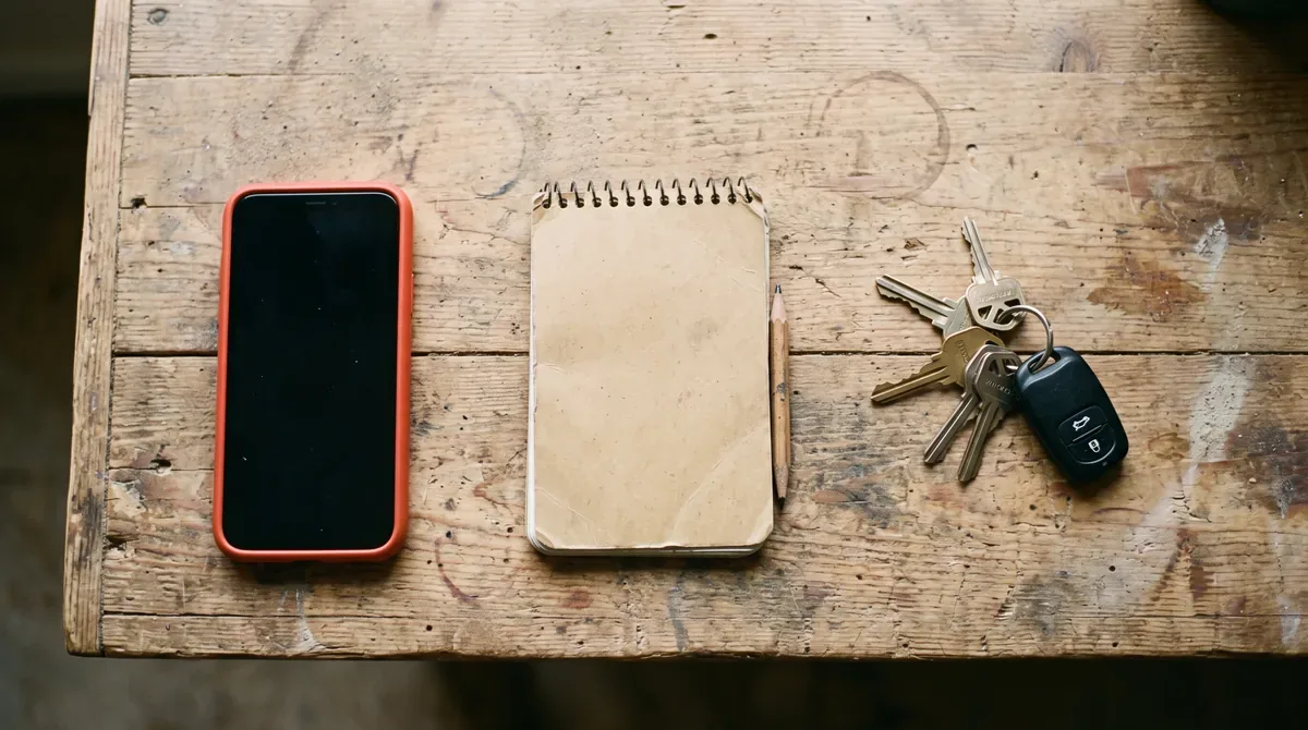 A phone, a notepad and a set of keys laid out on a worn workbench